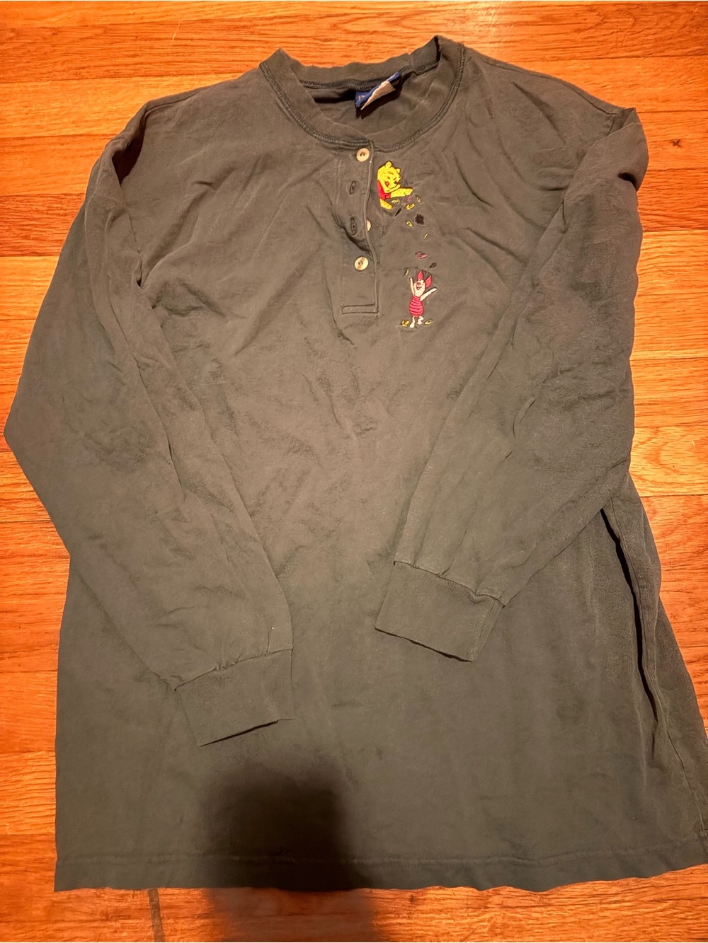 Disney Olive Green Long Sleeve Henley with Pooh & Piglet Embroidery